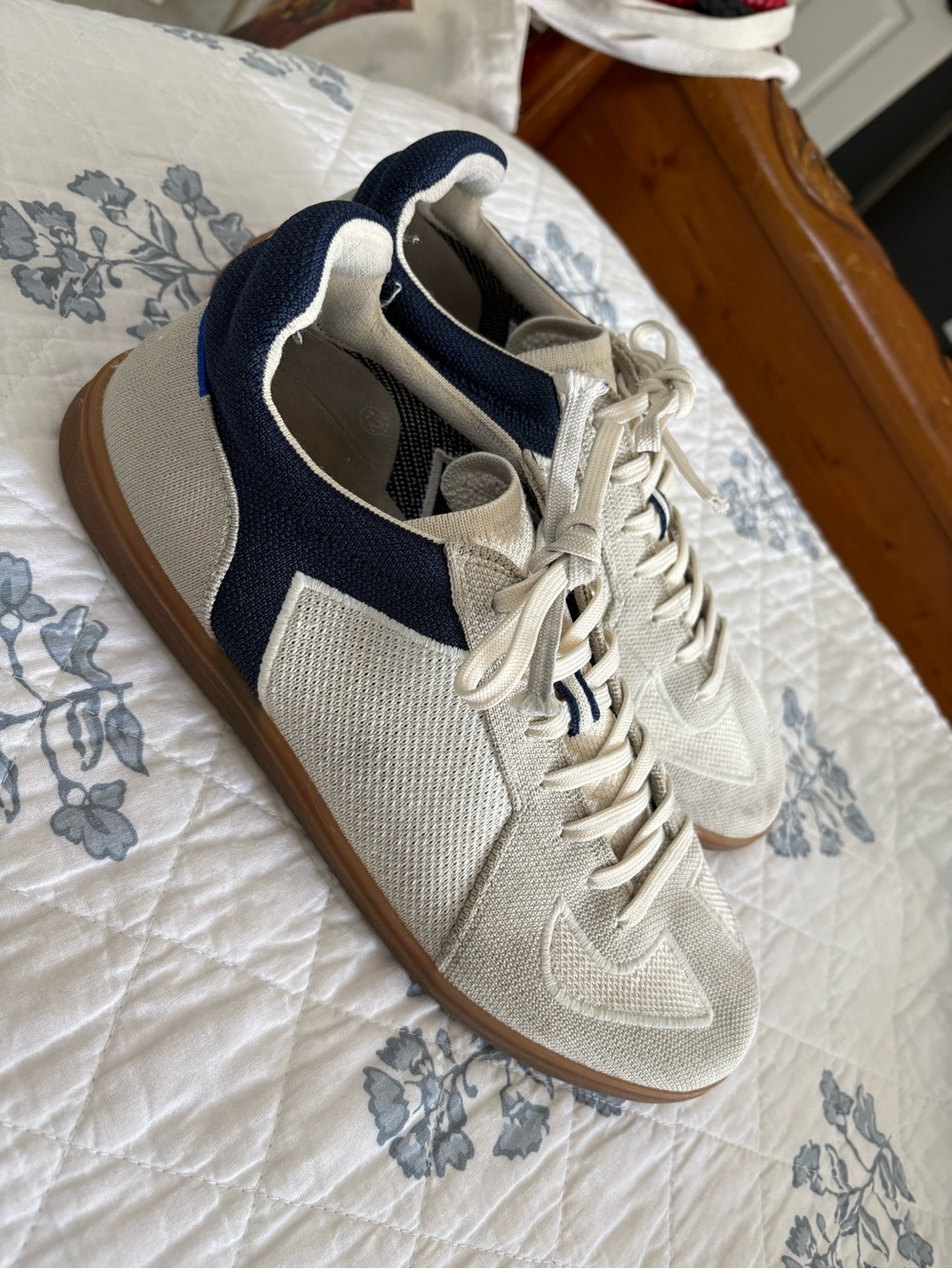 Rothy's Cream and Navy Knit Lace-Up Sneakers